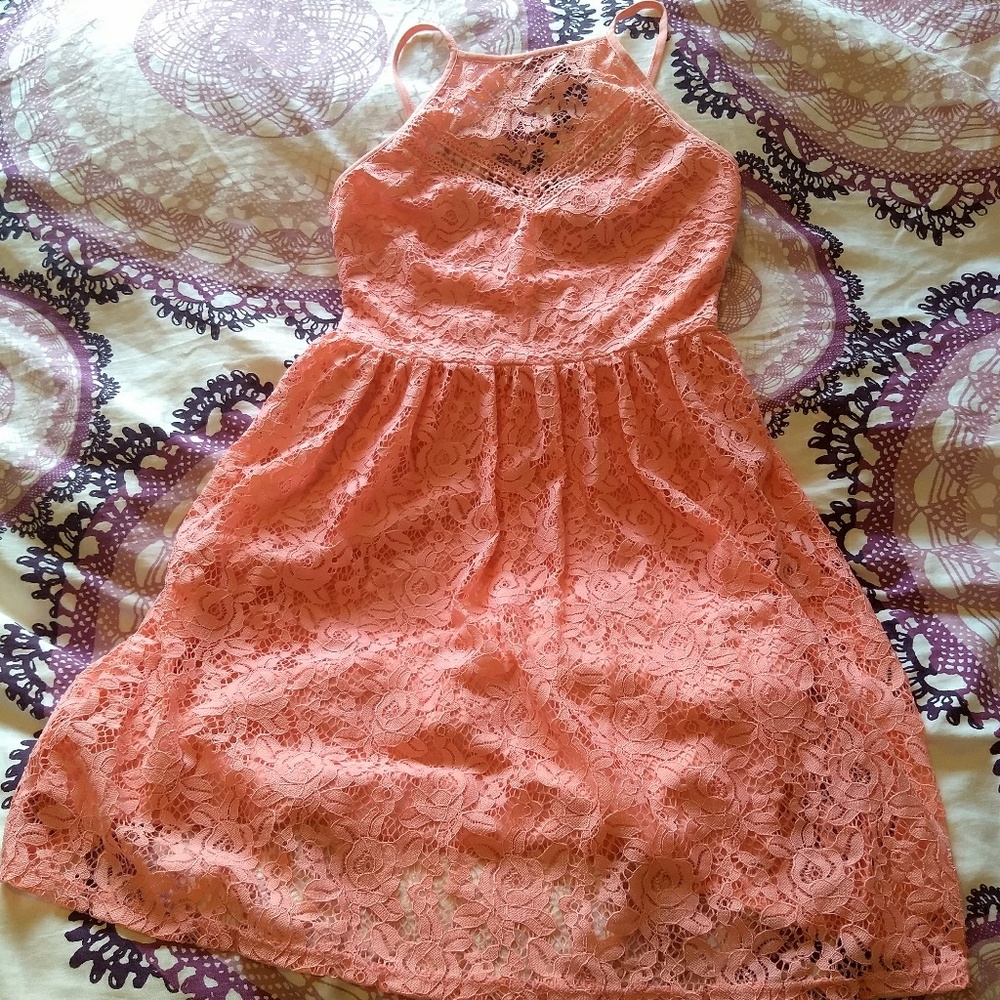 High neck pink lace spring dress